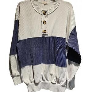 Shop Stevie Blue And White Ribbed Long Sleeve Henley Sweatshirt Top Oversized S